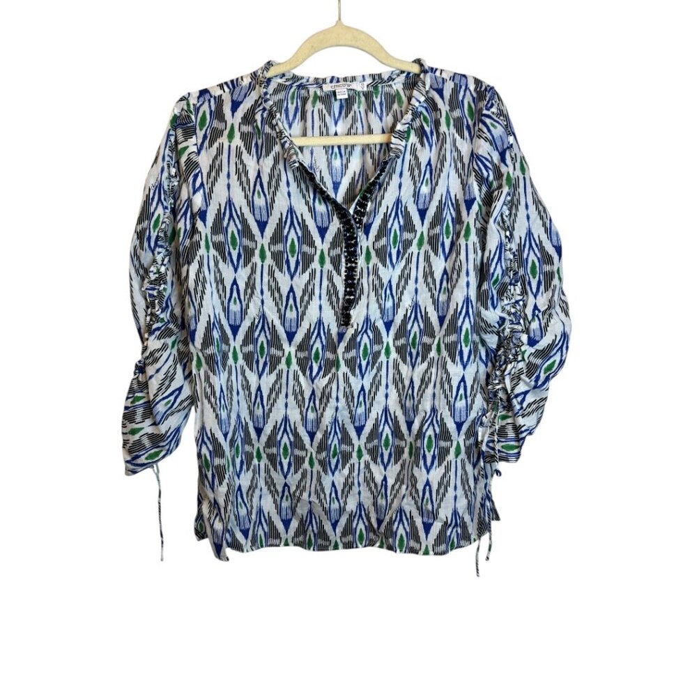 Chico's Blouse Women's Medium lightweight Geometric beaded‎ ruched  Chicos 1.5